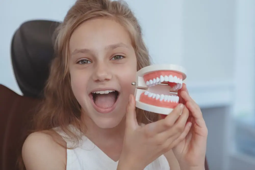 A girl with long hair is smiling and holding a dental model showing a set of teeth, while seated in a chair.
