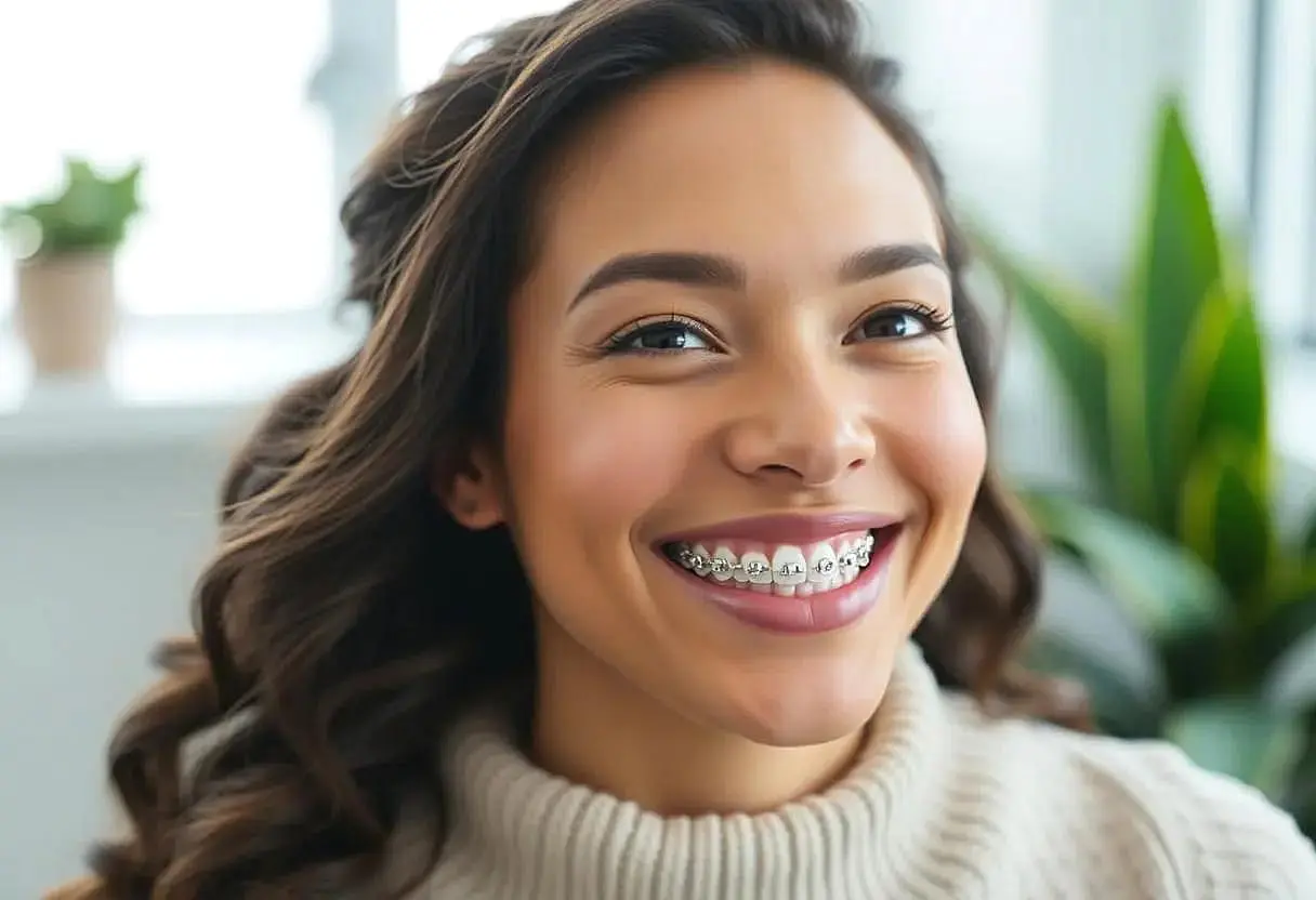 A smiling person with long hair and metal braces, wearing a light-colored sweater, sits indoors with lush plants in the background in Liberty Township or Hamilton, OH