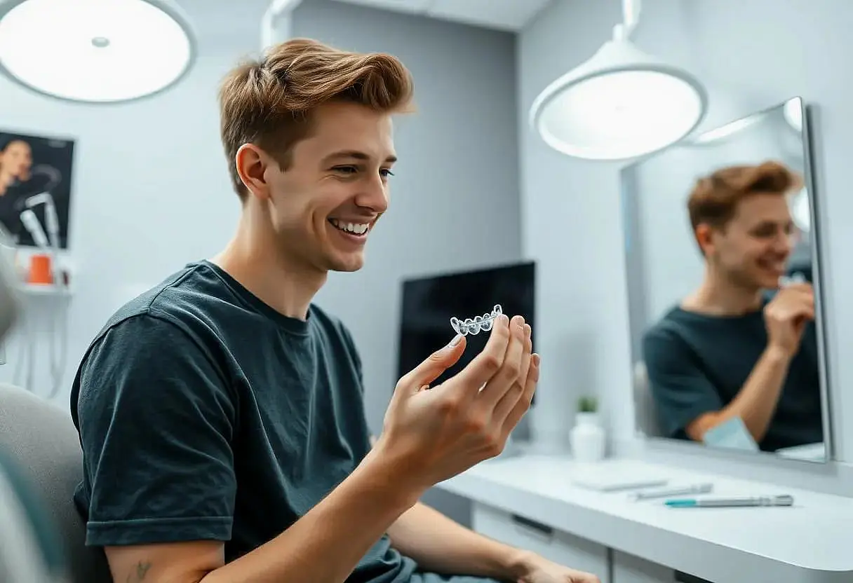 A person smiles while holding a clear Invisalign aligner in a dental office, seated by a reflective mirror with dental tools on the table in Liberty Township or Hamilton, OH