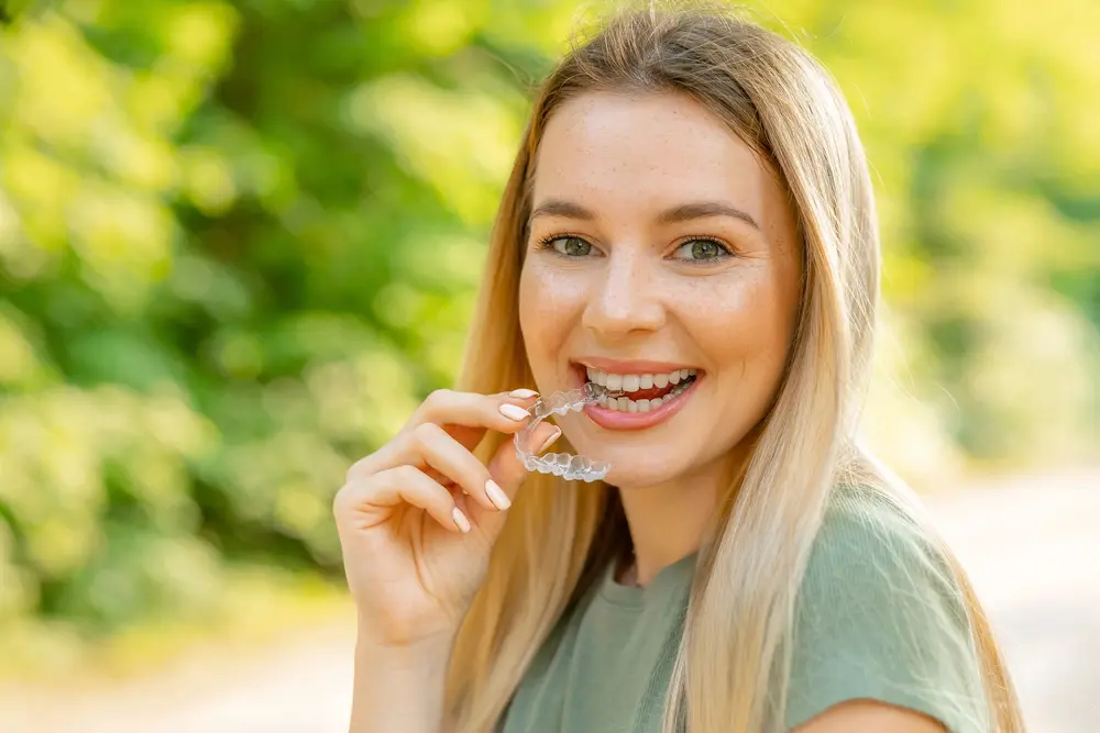Smiling outdoors, a woman with long blonde hair holds a clear aligner near her mouth at Queen City Orthodontics in Liberty Township or Hamilton, OH - How Does Invisalign Work in Liberty Township and Hamilton, OH